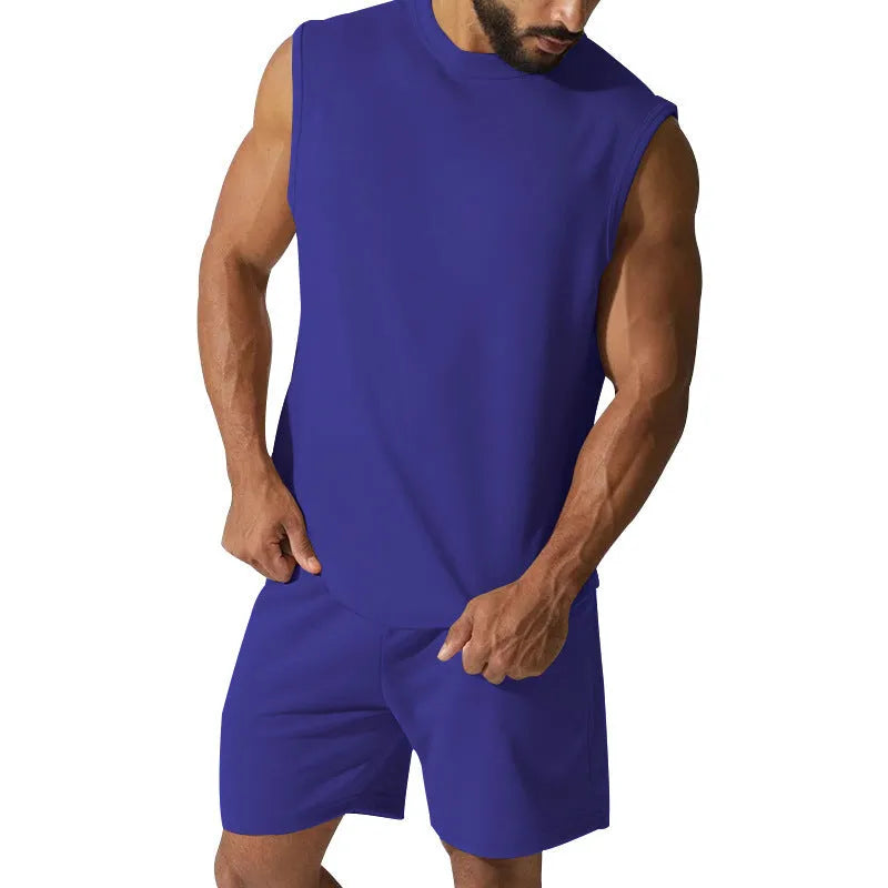 Men's sleeveless top and shorts sports set in cotton blend fabric shown in army green colour.