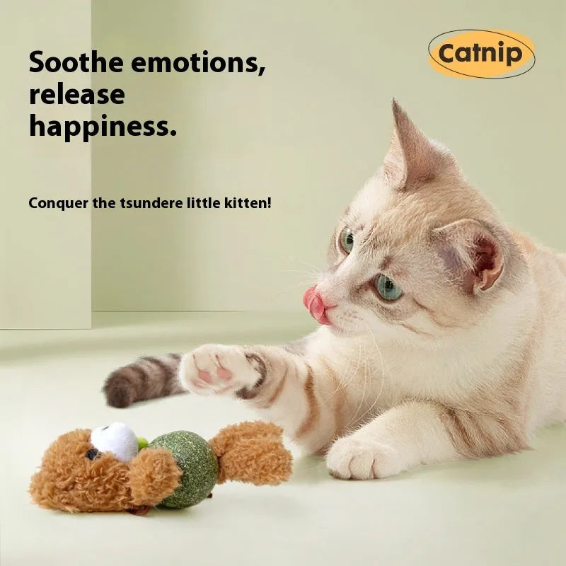 Plush cat toy with mint-scented ball and jingle bell in animal character design