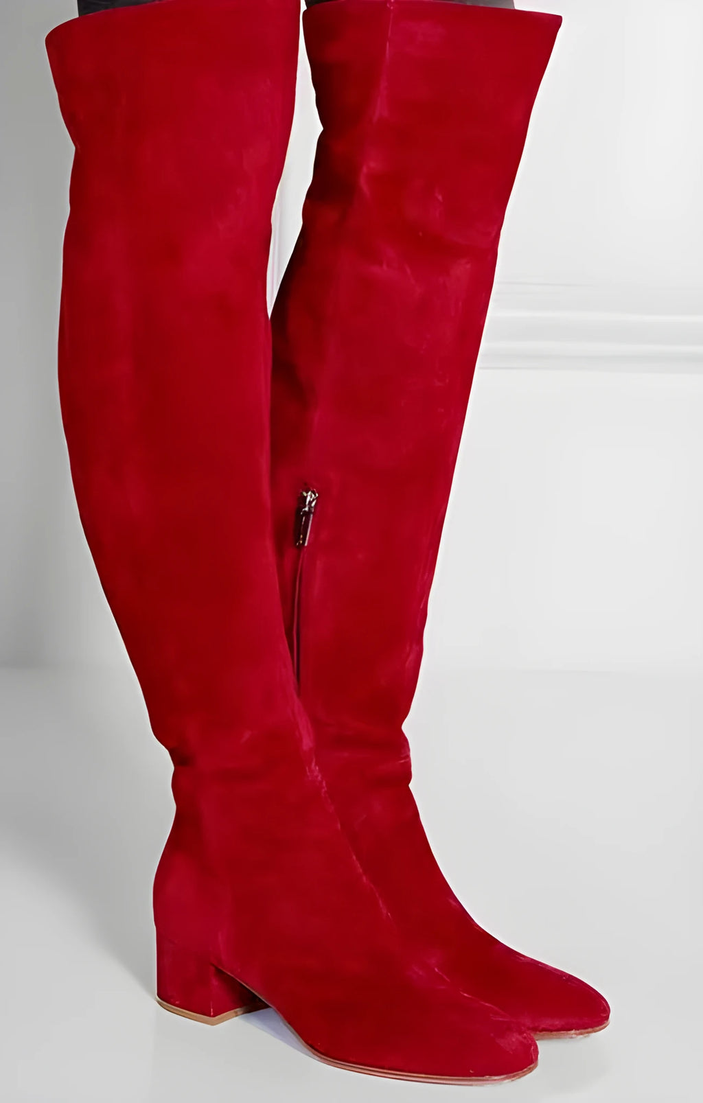 Grey suede women's over-the-knee flat boots with pointed toe and 1-3cm low thick heel
