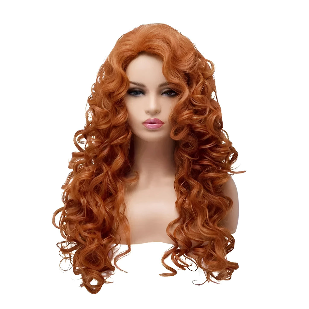 Brown long wavy curly cosplay wig with fluffy texture on a wig head.