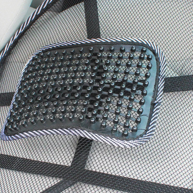 Black car lumbar support pillow with steel wire frame showing leather nail summer pattern