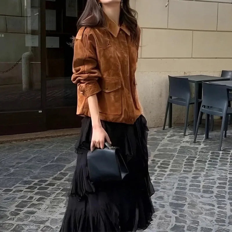Women's brown polyester suede coat with regular sleeves and street chic styling