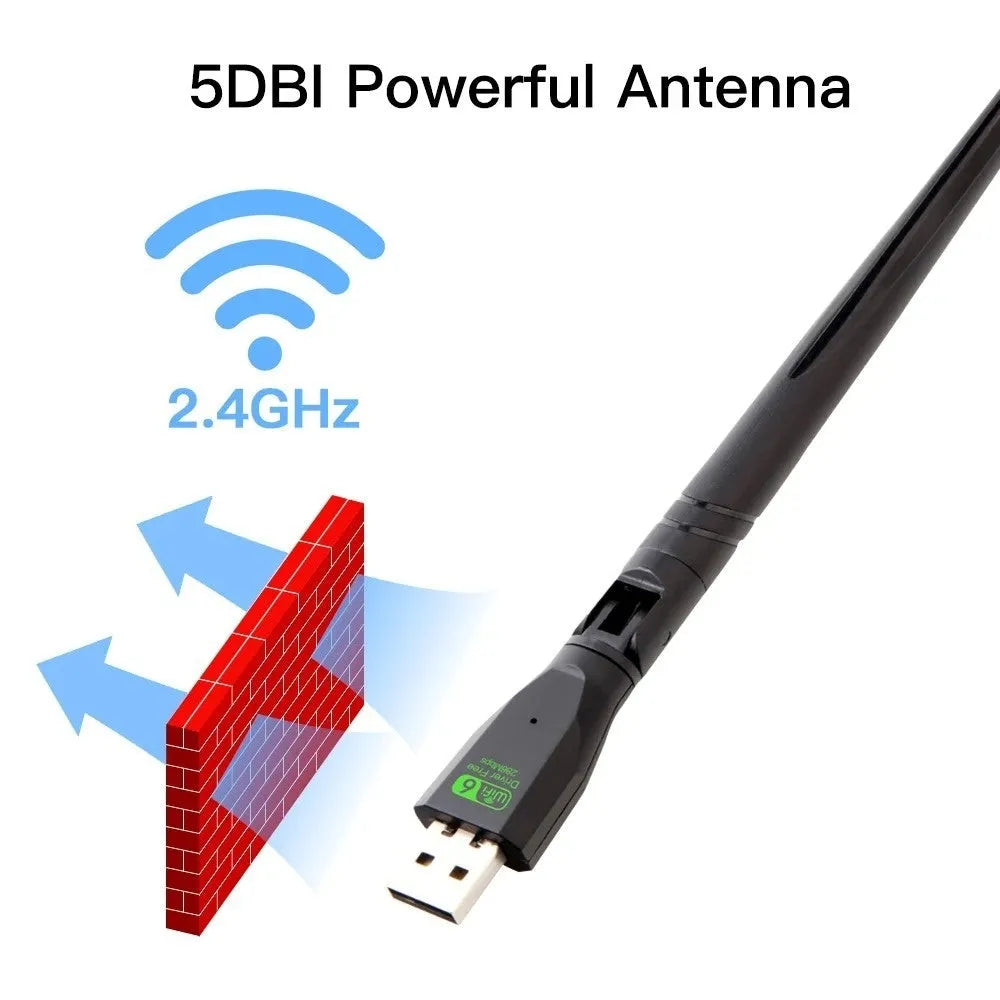 Black USB WiFi 6 wireless network card adapter for desktop PC and laptop connectivity.