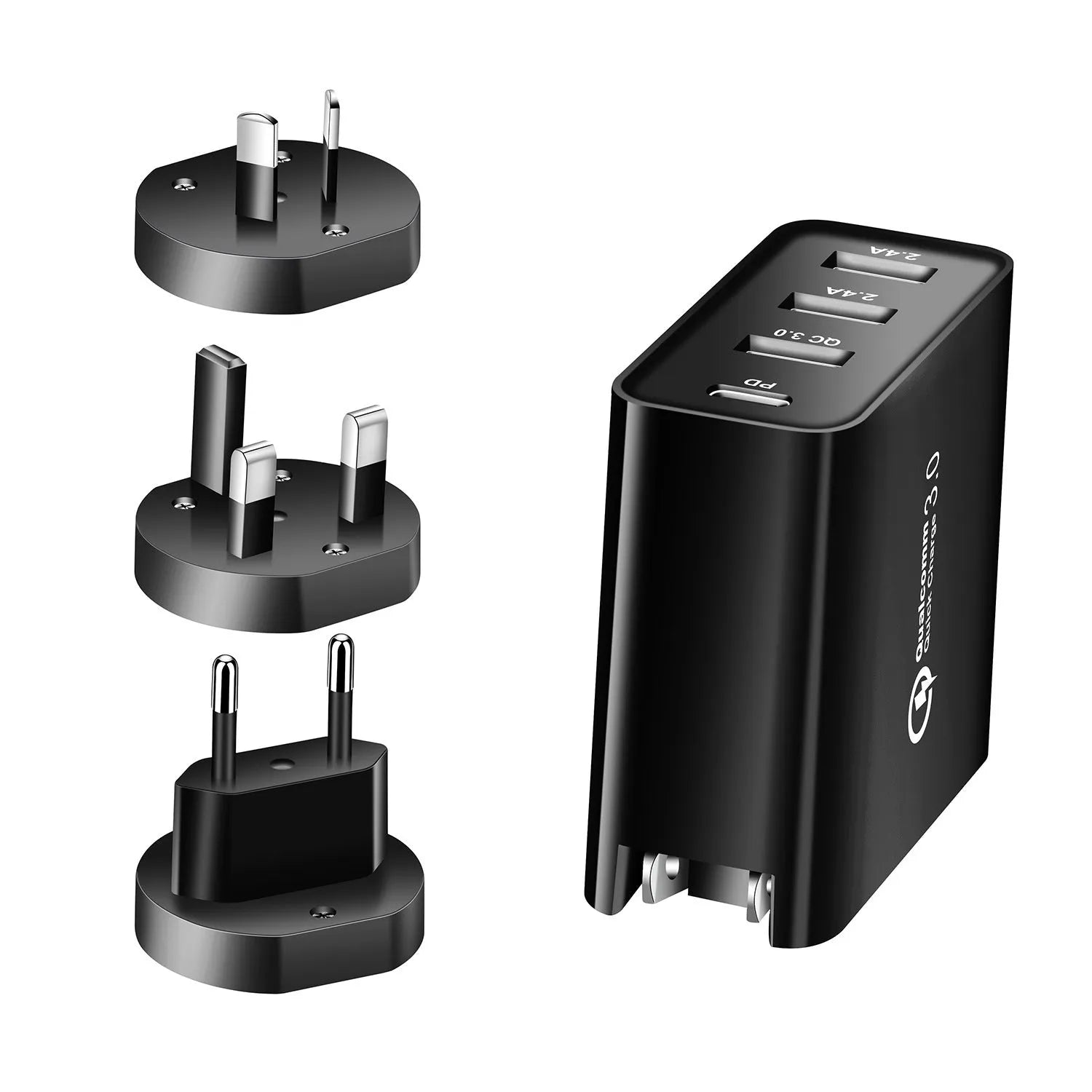 48W USB-C wall charger with four ports in black or white with international plug options