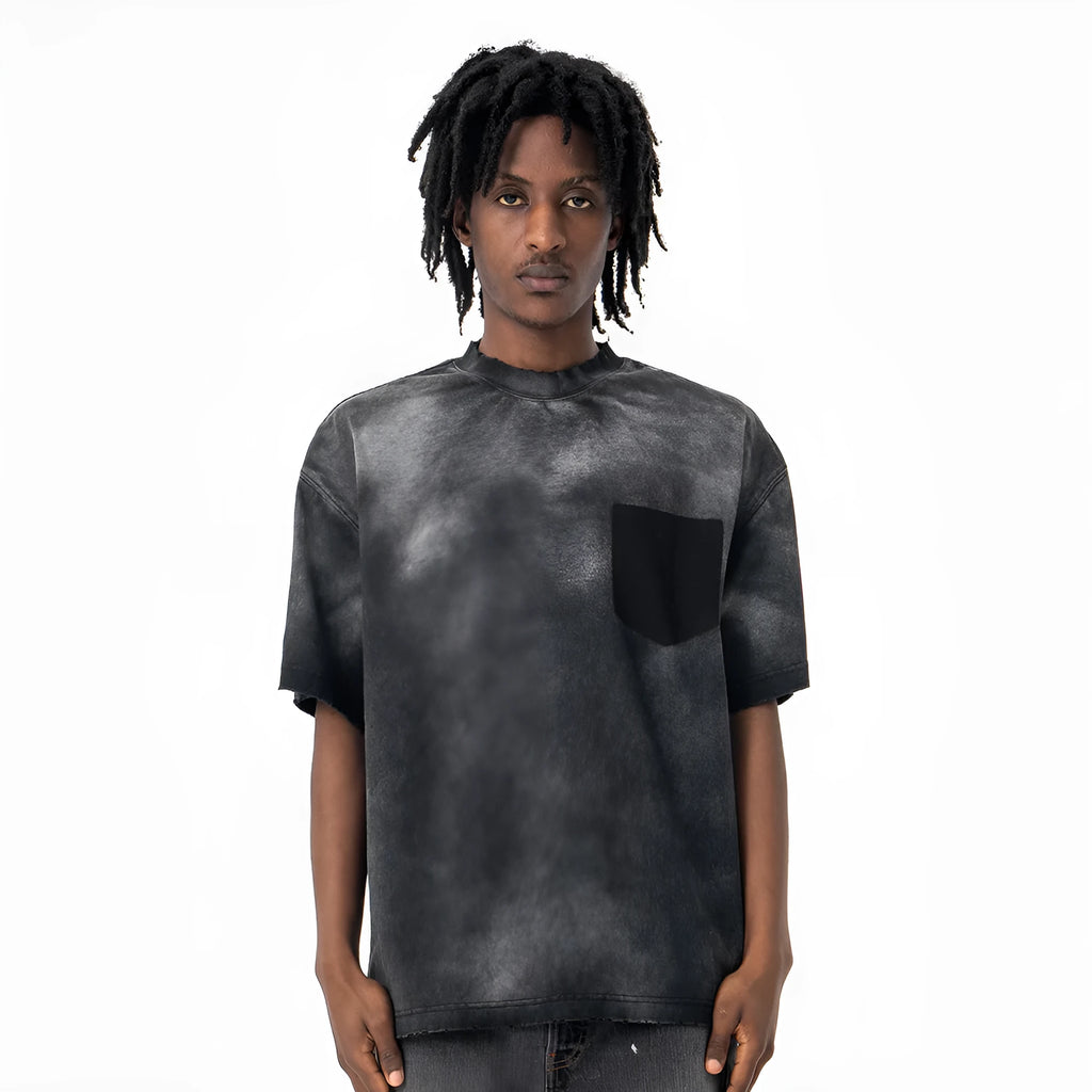Black men's loose-fit cotton t-shirt with white letter printing on the chest.