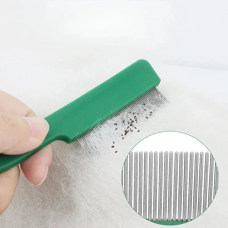 Green stainless steel pet flea comb with plastic handle for dog and cat grooming
