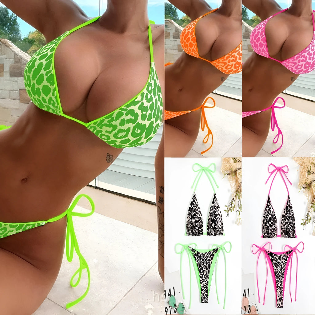 Women's lace-up front triangle bikini with split bottoms and adjustable halter neck ties