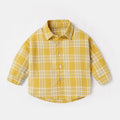 Boy's cotton lattice print long sleeve shirt in khaki, light blue, pink, or yellow for spring autumn wear