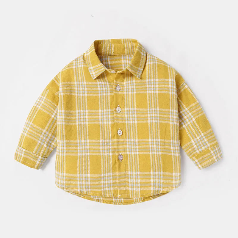 Boy's cotton lattice print long sleeve shirt in khaki, light blue, pink, or yellow for spring autumn wear