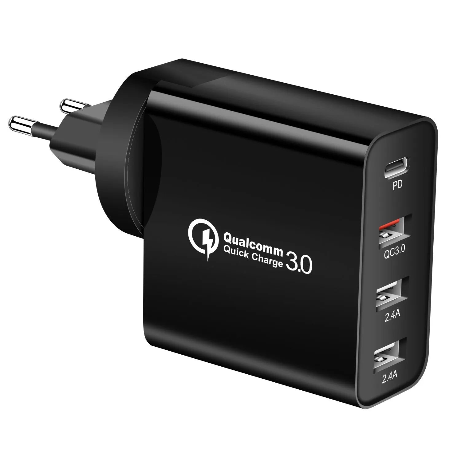 48W USB-C wall charger with four ports in black or white with international plug options