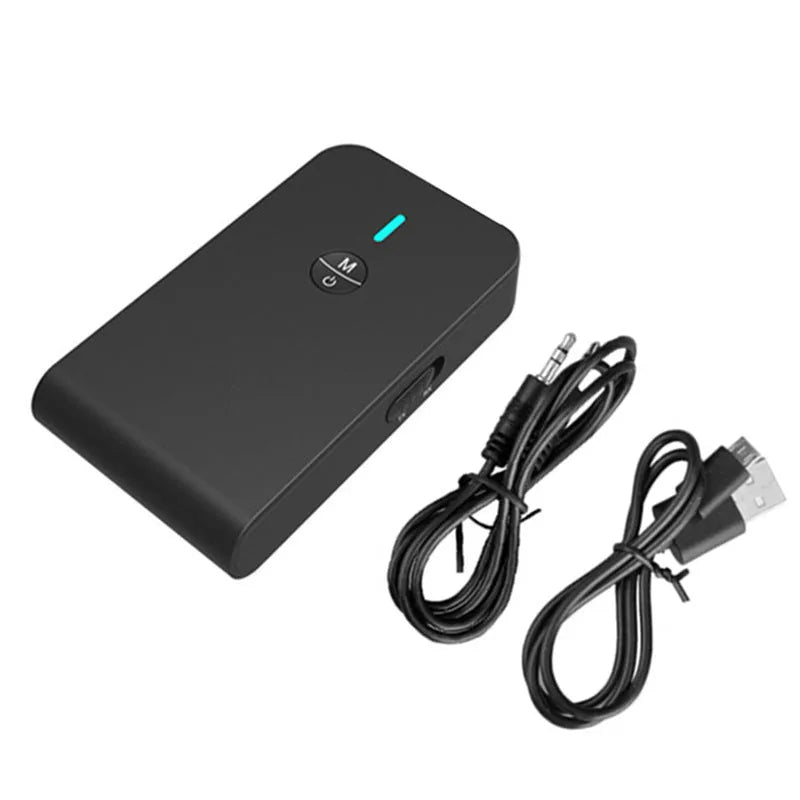 Black Bluetooth 5.0 audio adapter with 3.5mm AUX plug and external power cable.