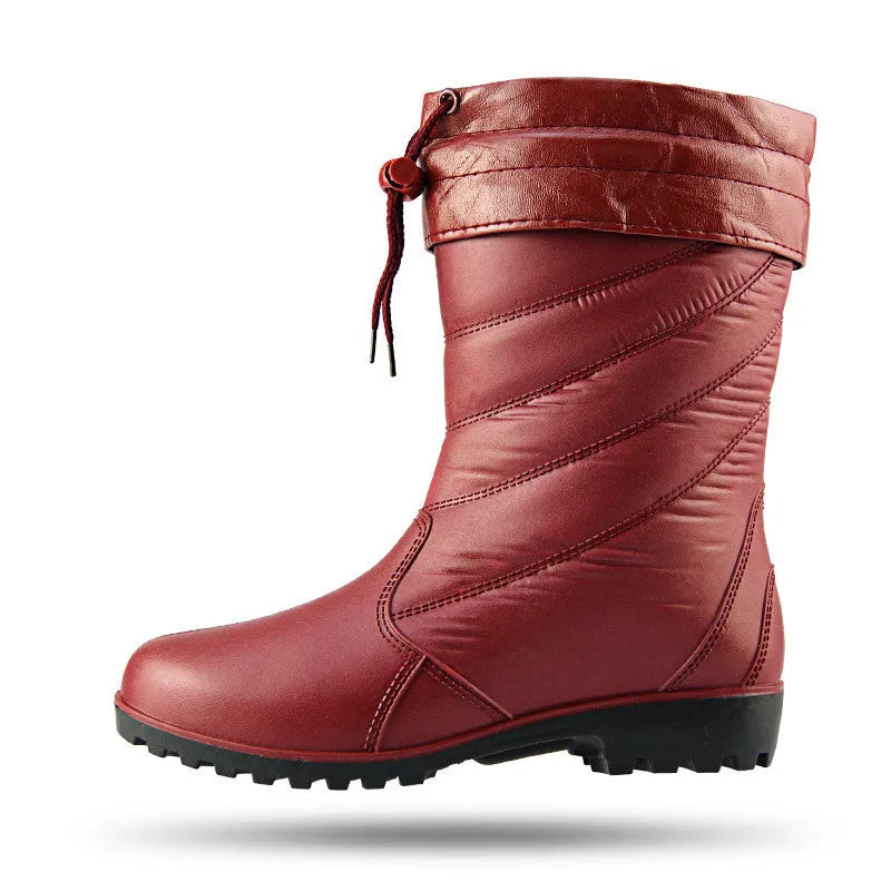 Women's black PVC rain boots with mid-calf tube height and plush lining