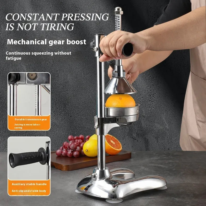 Vertical stainless steel manual citrus juicer with zinc alloy components in modern design