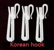 A single panel of simple blackout fabric curtain, showing hook, Korean hook, and ring hanging style options.