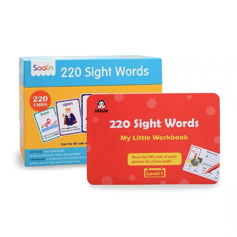 Early learning set showing stack of 220 high-frequency word flash cards and five phonics workbooks for children aged 3+.