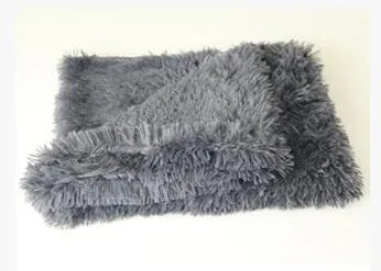 Wool polyester plush dog blanket in grey showing soft texture with size options for medium and large dogs