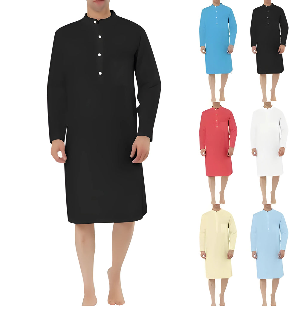 Men's cotton shirt robe with front pocket in various colour options on a hanger.