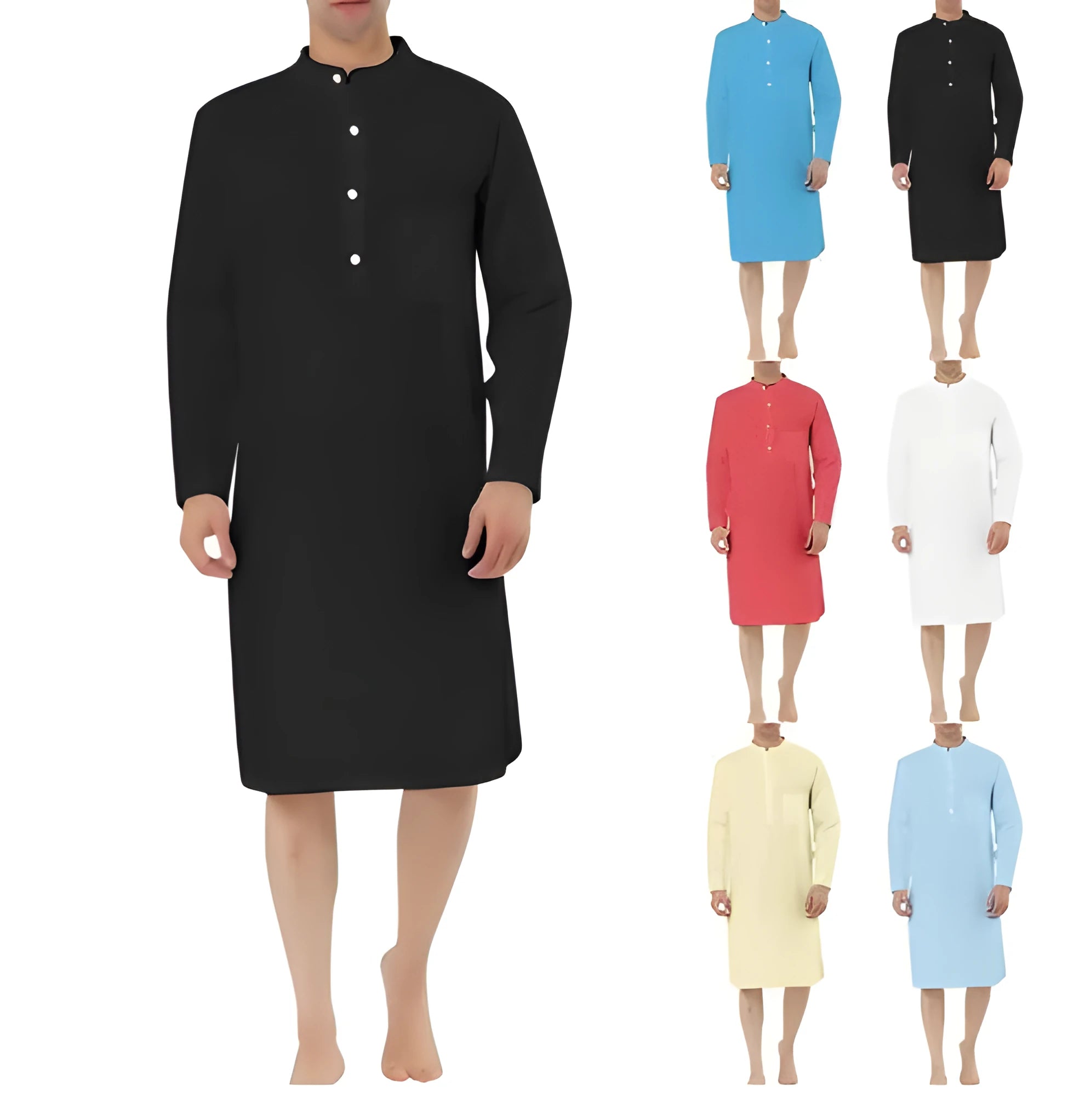 Men's cotton shirt robe with front pocket in various colour options on a hanger.