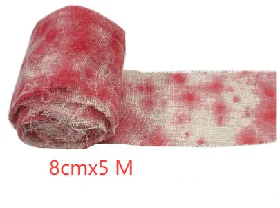 A roll of 8cm wide bloody red polyester Halloween bandage for costume wrapping.