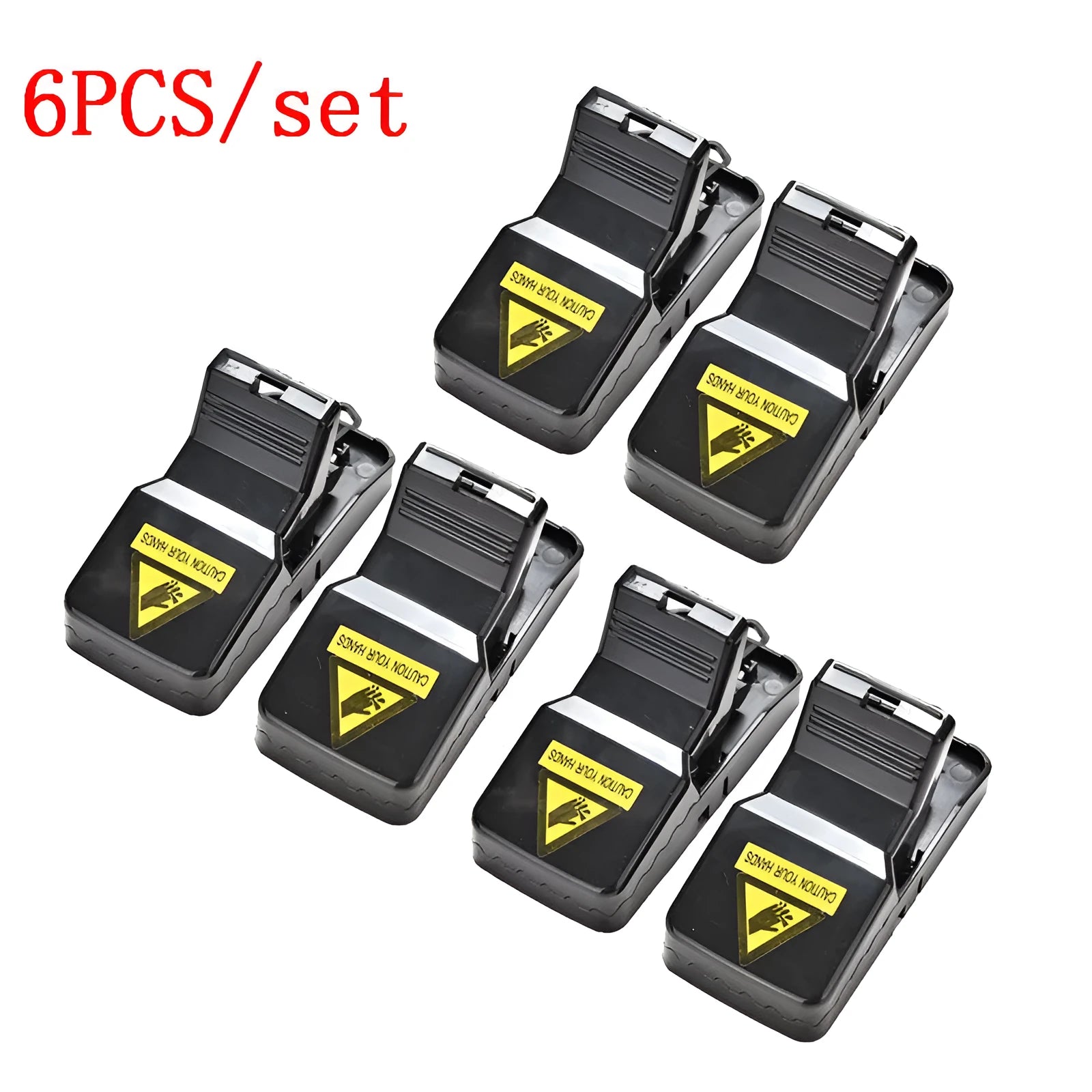 Set of six black plastic snapping mousetraps with smooth surfaces, shown next to a ruler for scale.