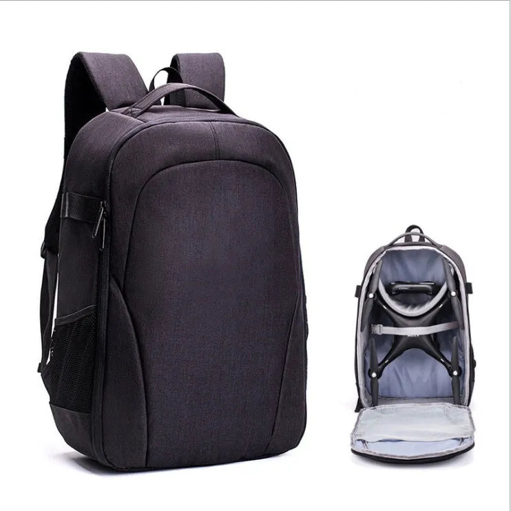 Black Oxford cloth waterproof backpack for drone and camera equipment with multiple internal compartments
