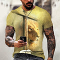 Men's grey T-shirt with a 3D printed Jesus pattern on the chest, made from breathable bird eye polyester fabric.