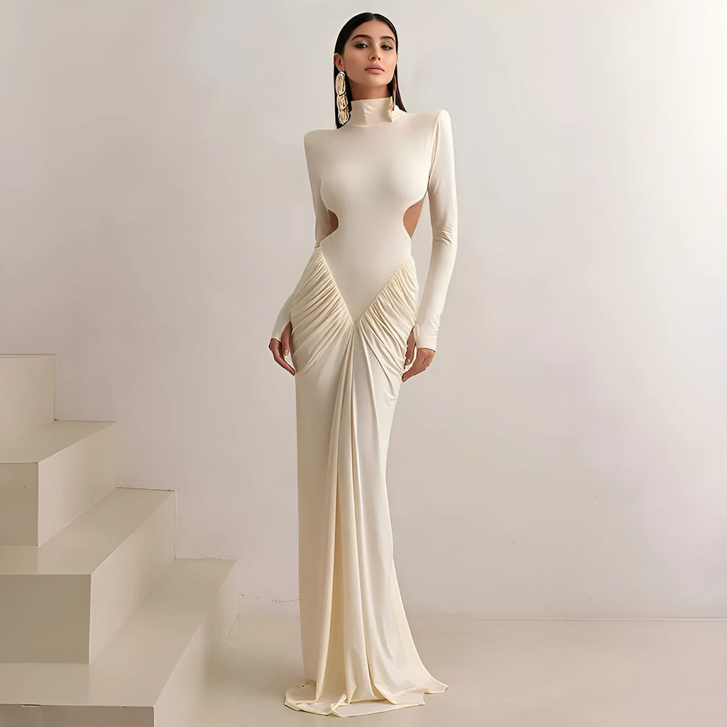 Women's backless pleated dress with high collar and long sleeves in slim fit silhouette