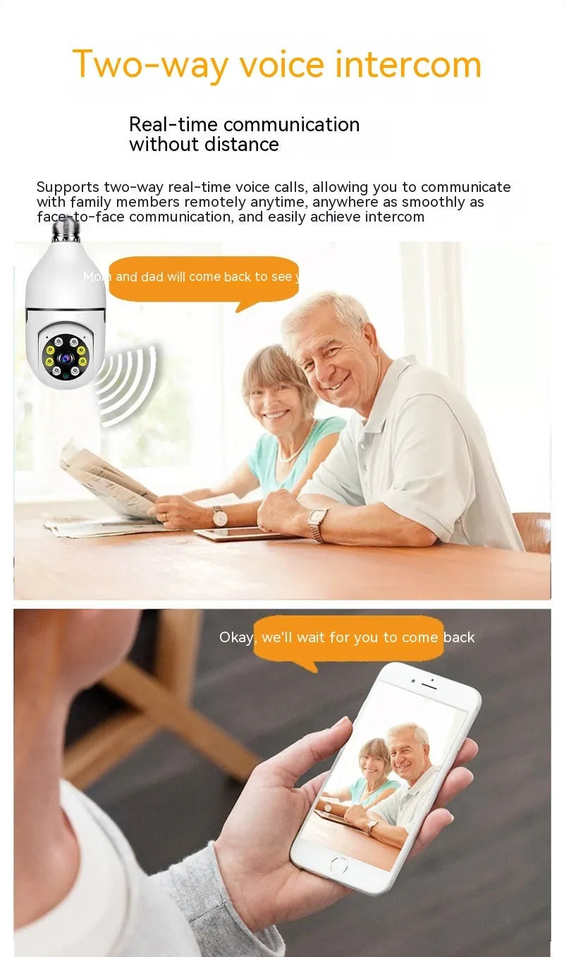 White wireless bulb security camera showing dimensions of 5cm by 12cm for indoor and outdoor use.