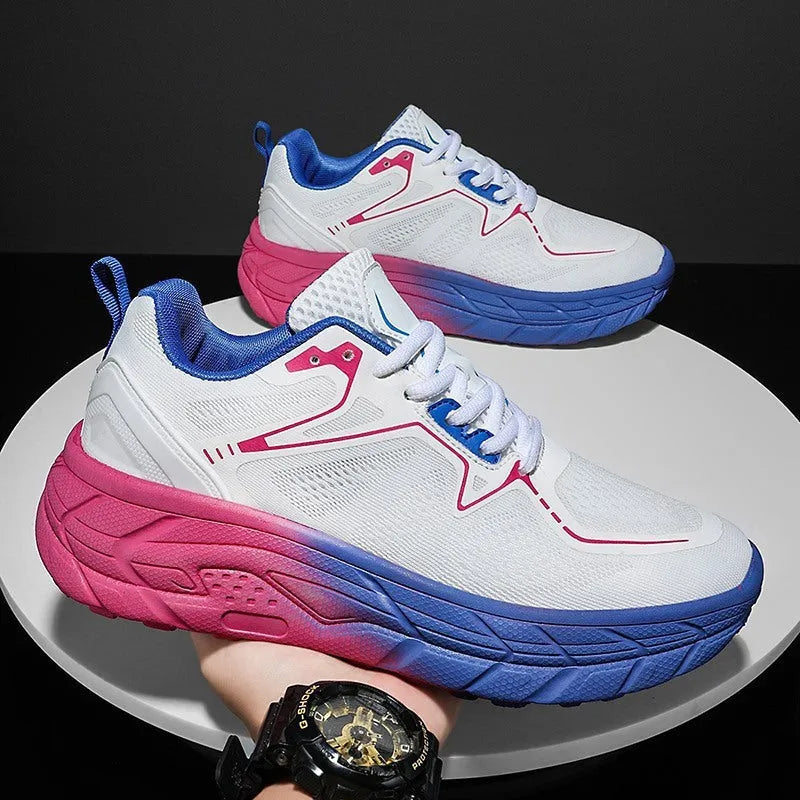 White cushioned long-distance running shoes with breathable mesh upper and thick rubber sole