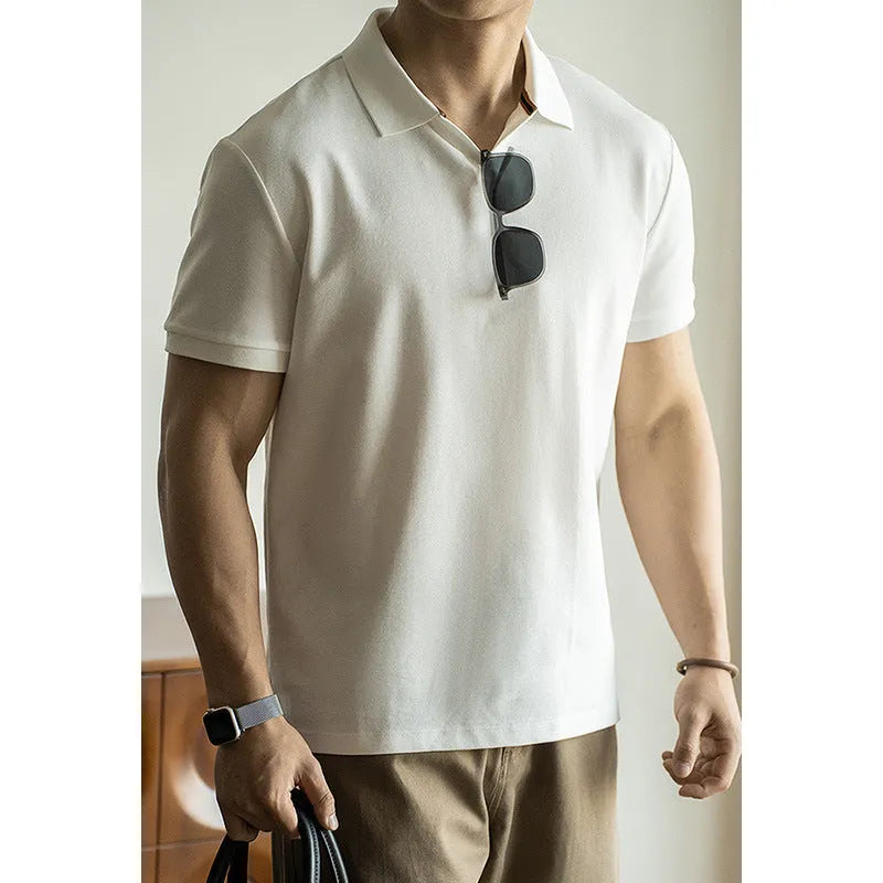American-style short-sleeved polo shirt in blue black and white cotton blend fabric