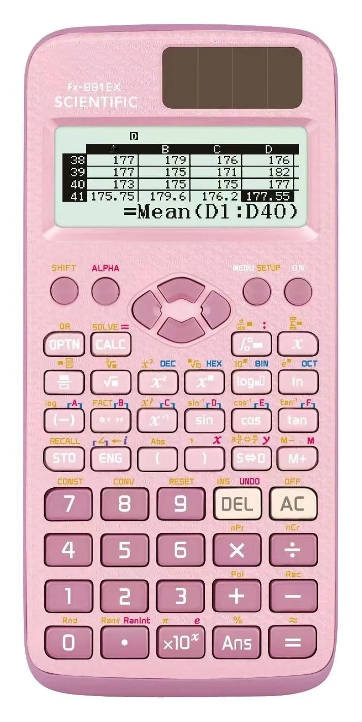 991EX multi-functional scientific calculator in black, blue, or pink with solar panel.
