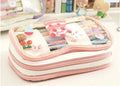 Transparent heart-themed pen case in pink cake rabbit or red love rabbit colour, showing Korean style design