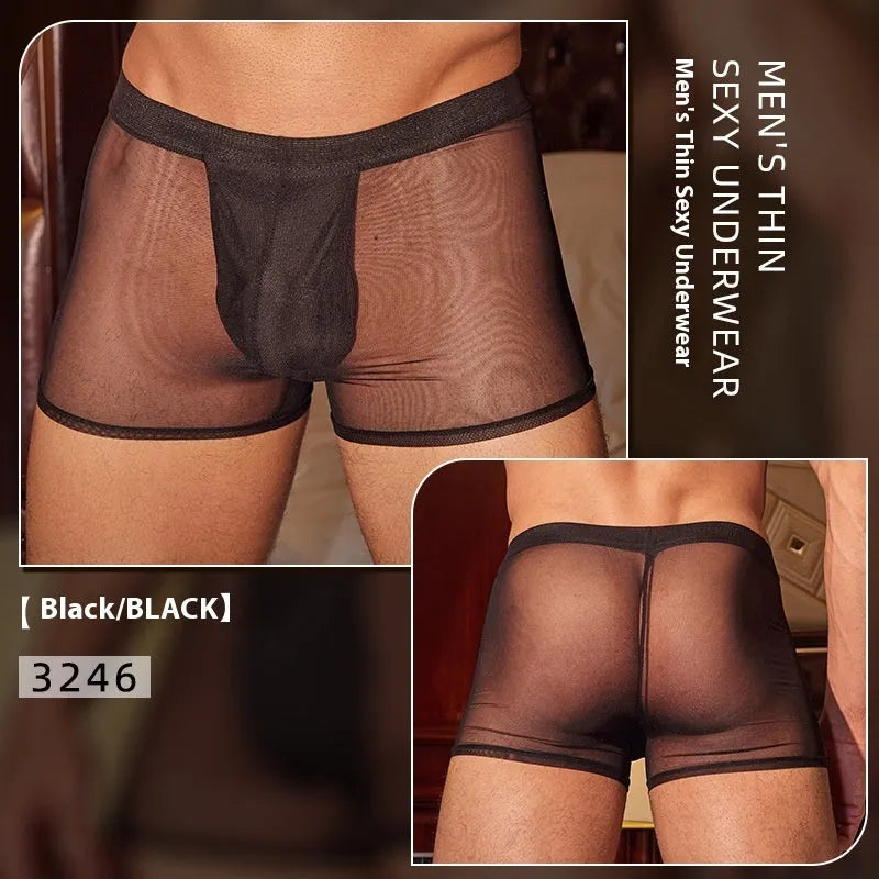 Men's black ultra-thin nylon boxer briefs laid flat, showing free size label.