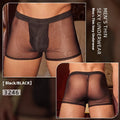 Men's black ultra-thin nylon boxer briefs laid flat, showing free size label.