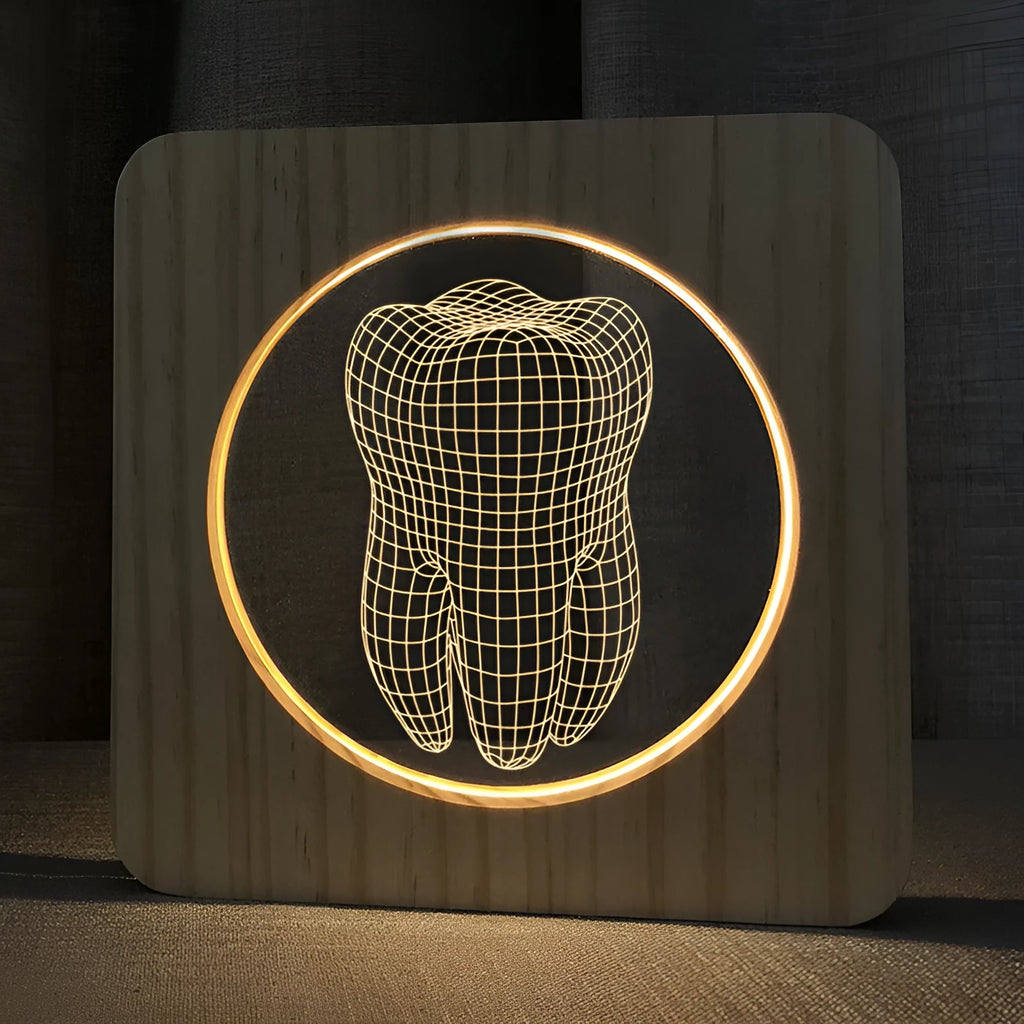 Tooth-shaped wood colour acrylic USB night light on a surface, showing compact size.