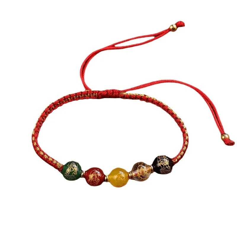 Hand-woven agate bracelet with Five Gods of Wealth motif and red rope band, geometric shape, national style