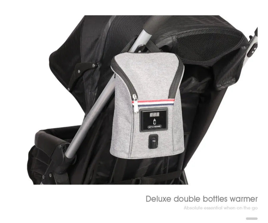 Grey Oxford cloth portable car USB baby bottle warmer showing dual-bottle capacity and electronic temperature display