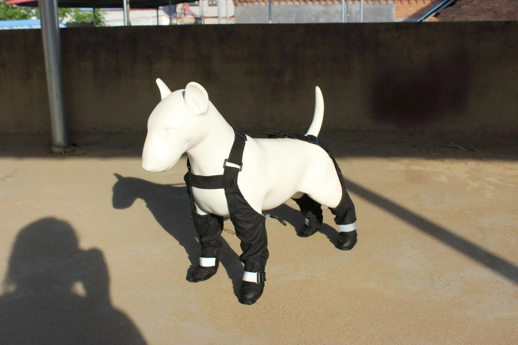 A set of four black waterproof dog shoes with non-slip soles for paw protection.
