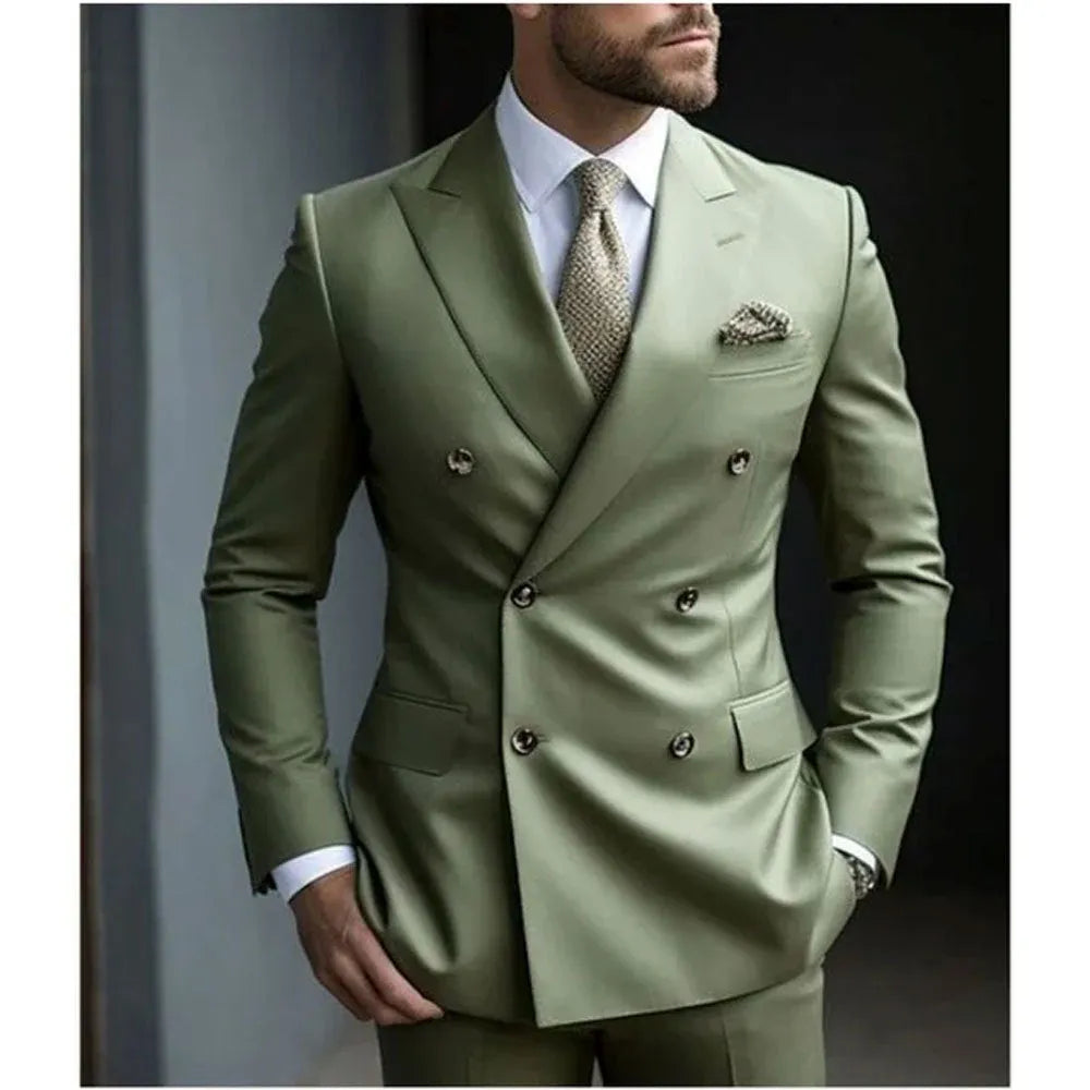 Men's grey Korean-style slim fit two-piece suit with jacket and trousers for business or banquet wear.
