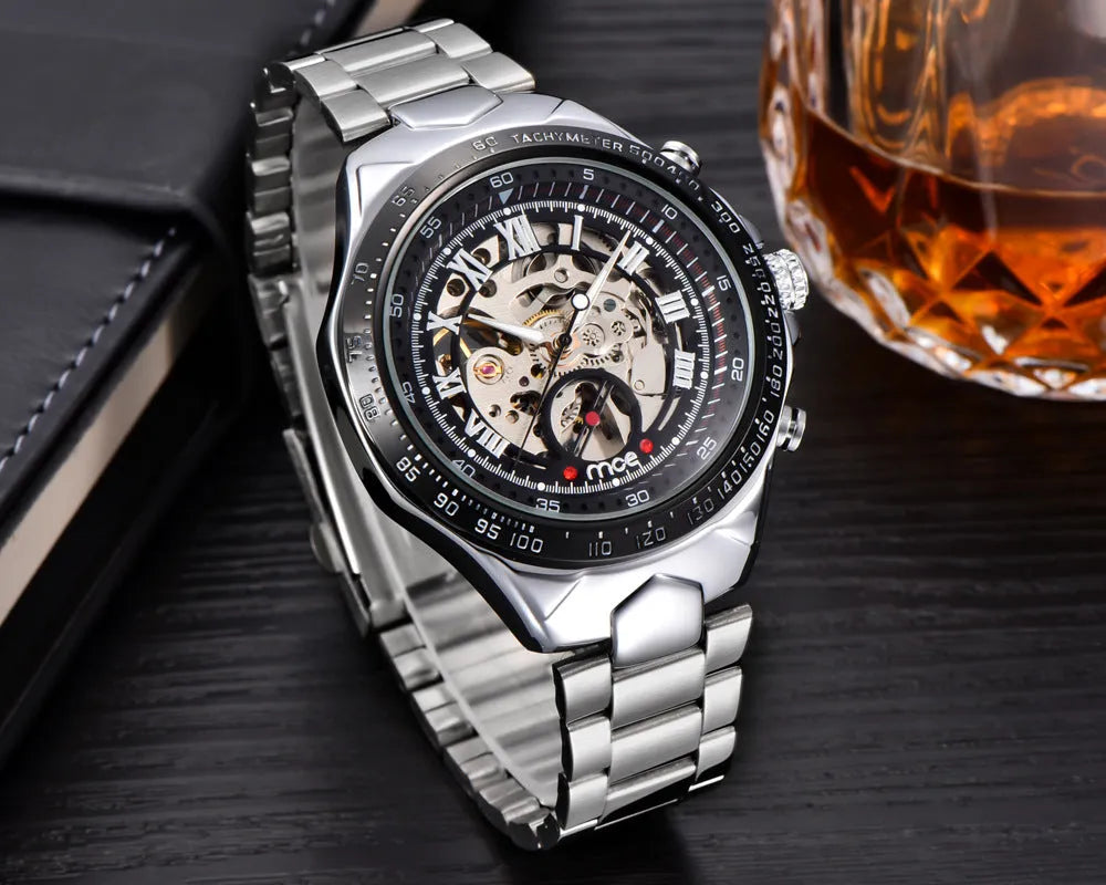 MCE men's explosion-proof mechanical watch with stainless steel case and black dial
