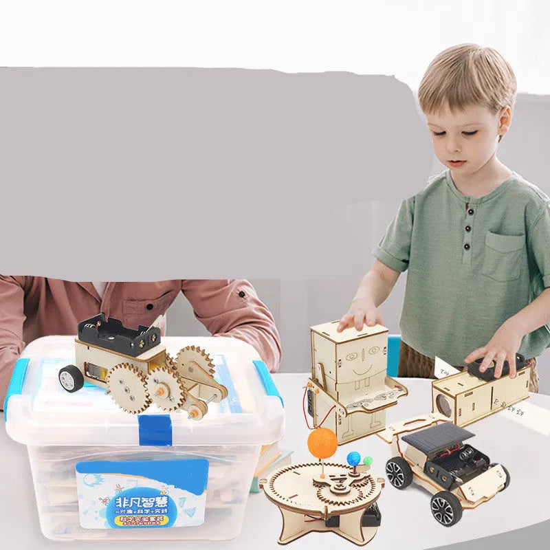 Wooden science kit with parts and accessories for children aged 7 to 14