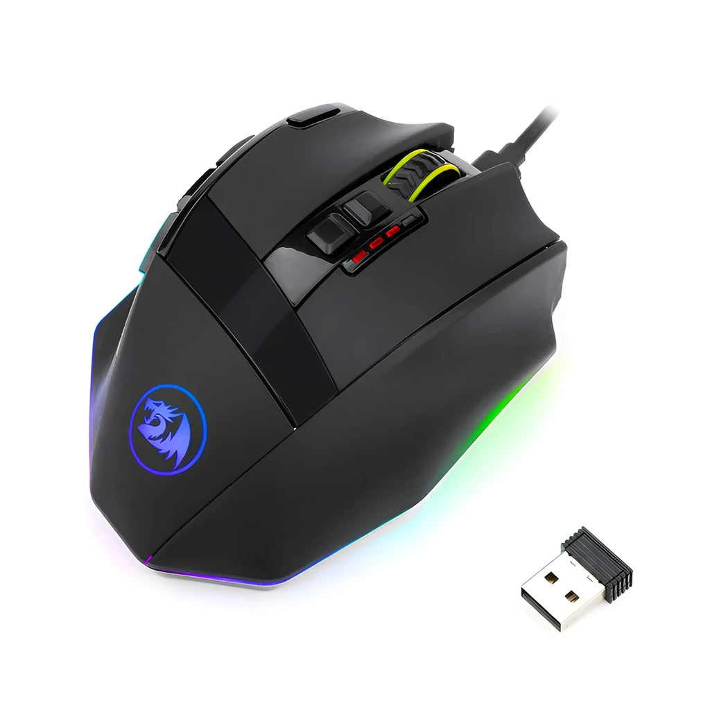 Black Redragon M801P wireless dual-mode gaming mouse with multiple side buttons on a grey surface.