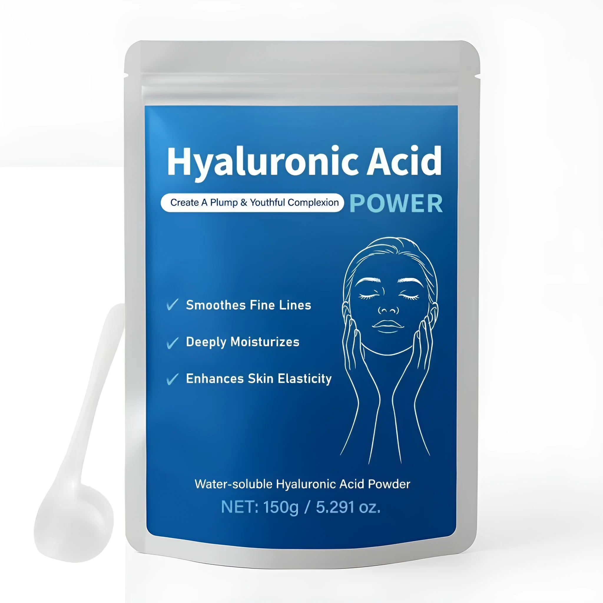 Container of 150g hyaluronic acid powder for DIY skincare and cosmetic formulation.