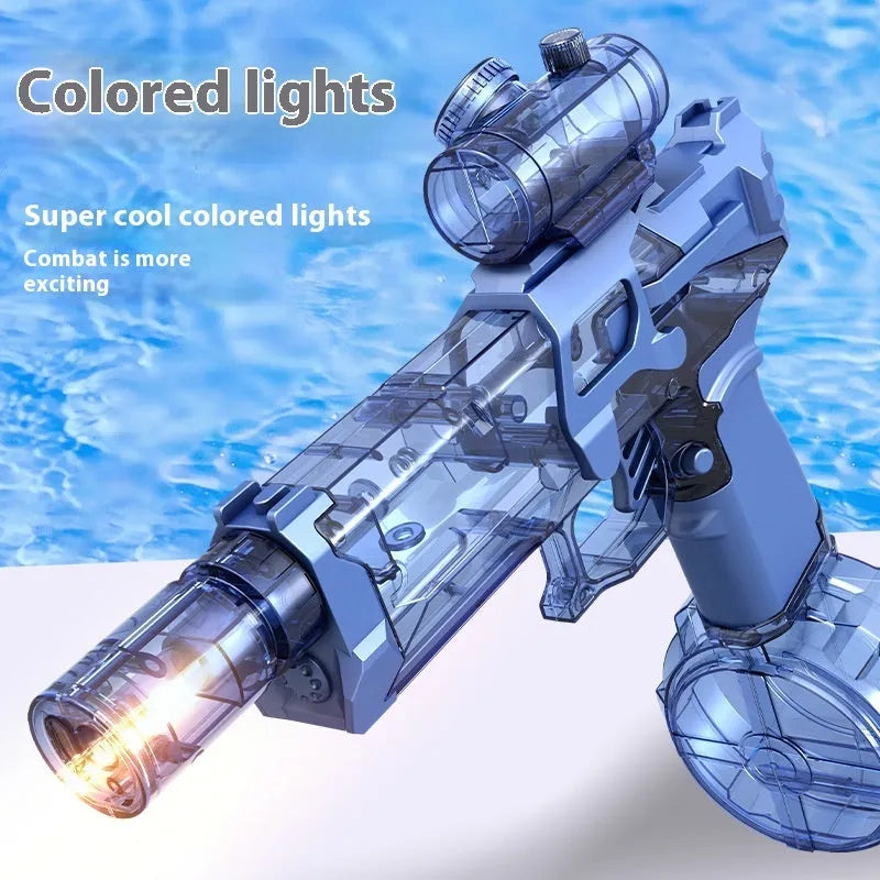 Fire Rat electric water pistol with LED lights in blue, showing automatic water spray feature.