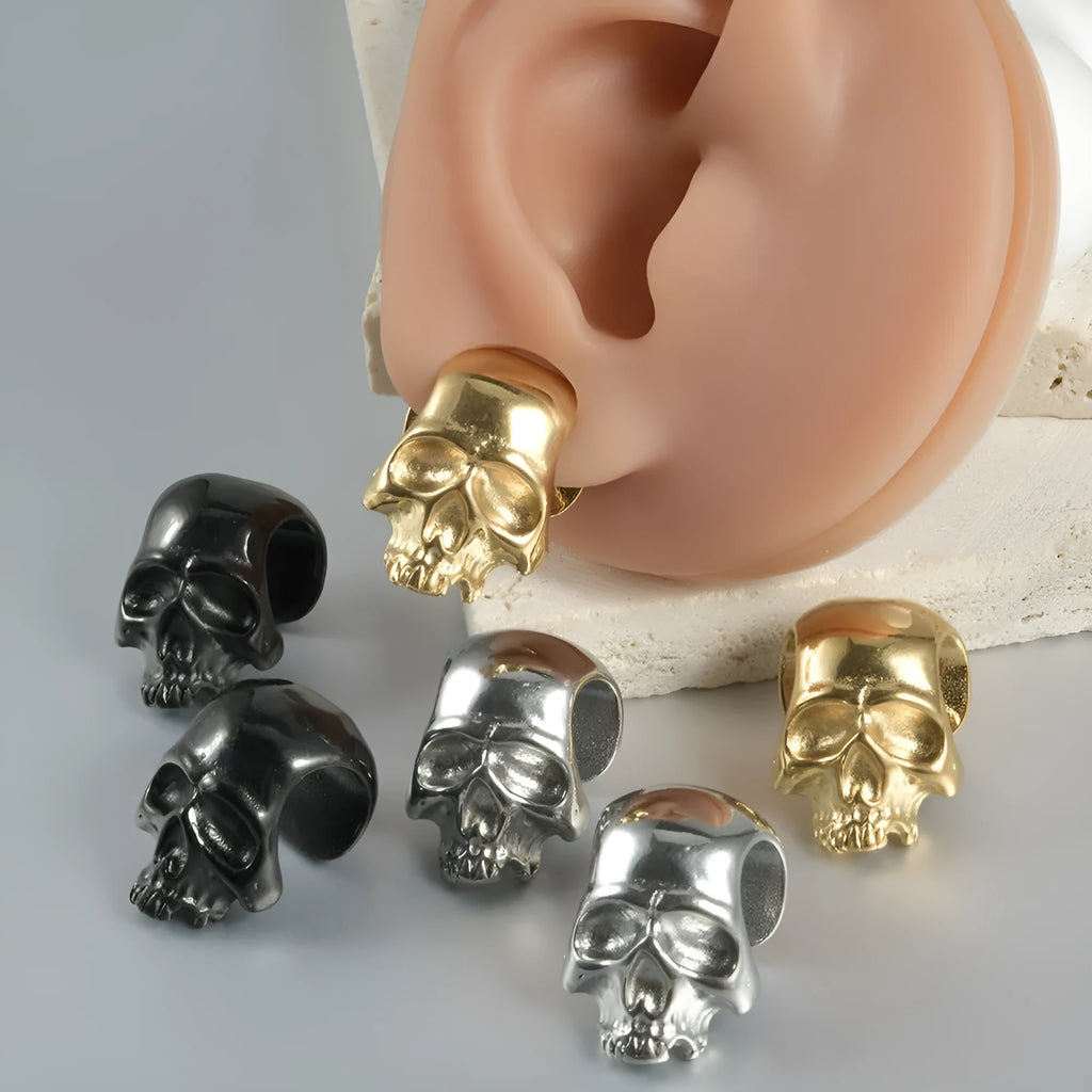 Stainless steel hollow skull Buddha earrings in electroplated colours for alternative hip hop fashion