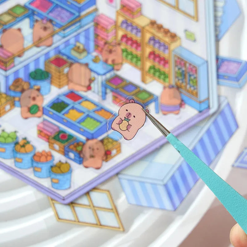 Pack of cut-free three-dimensional PET stickers in eight cartoon shop themes including bakery, bookstore, and fruit shop designs.