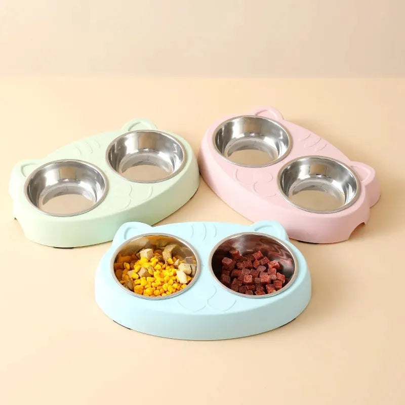 Plastic double bowl pet feeder tray in macaron colours for cat and dog food and water