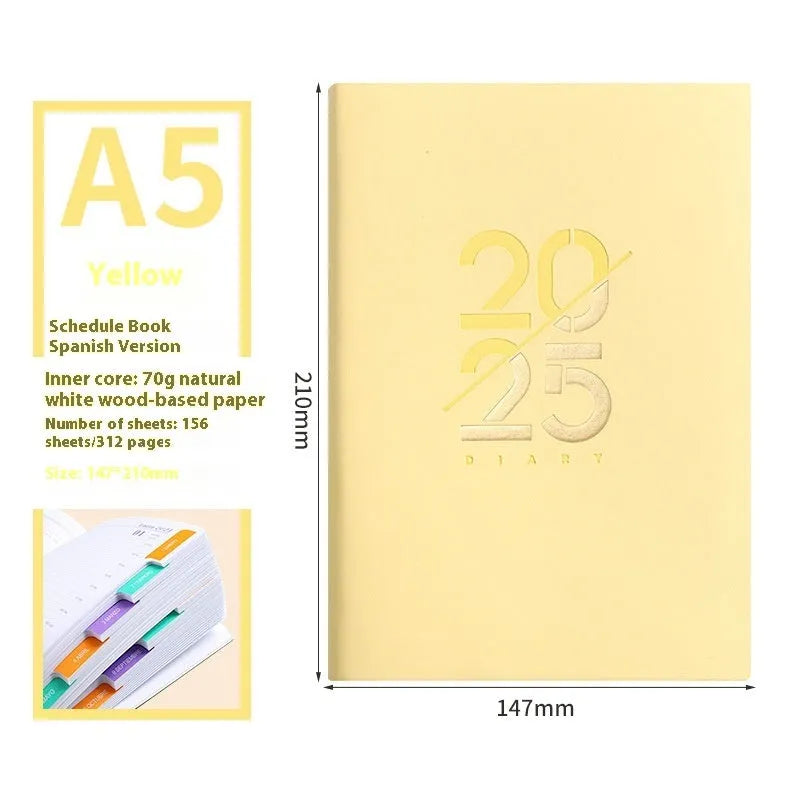 Soft leather A5 daily planner with 150 sheets open on desk showing Dorian paper and binding