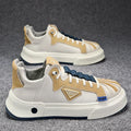 Men's beige and black elastic band casual sneakers with round toe and mesh lining