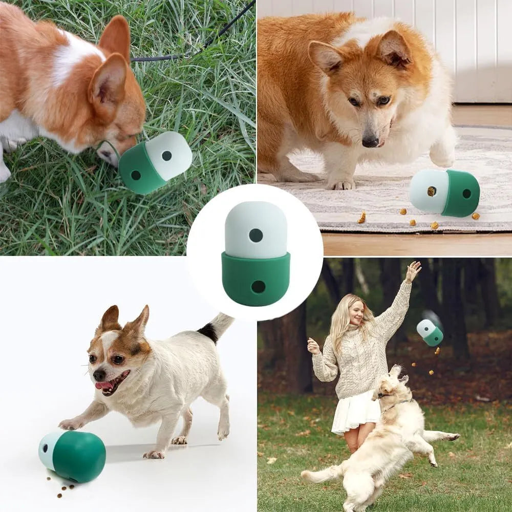 White and blue food-grade silicone dog treat puzzle toy for small breeds on a hard floor.